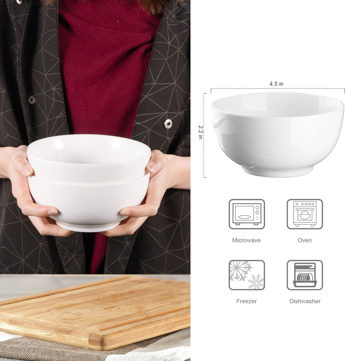 10 Ounce Porcelain Bowls Set 8 Pack Premium White Ceramic Bowls for Cereal, Soup, Salad, Pasta, Microwave &amp; Dishwasher Safe