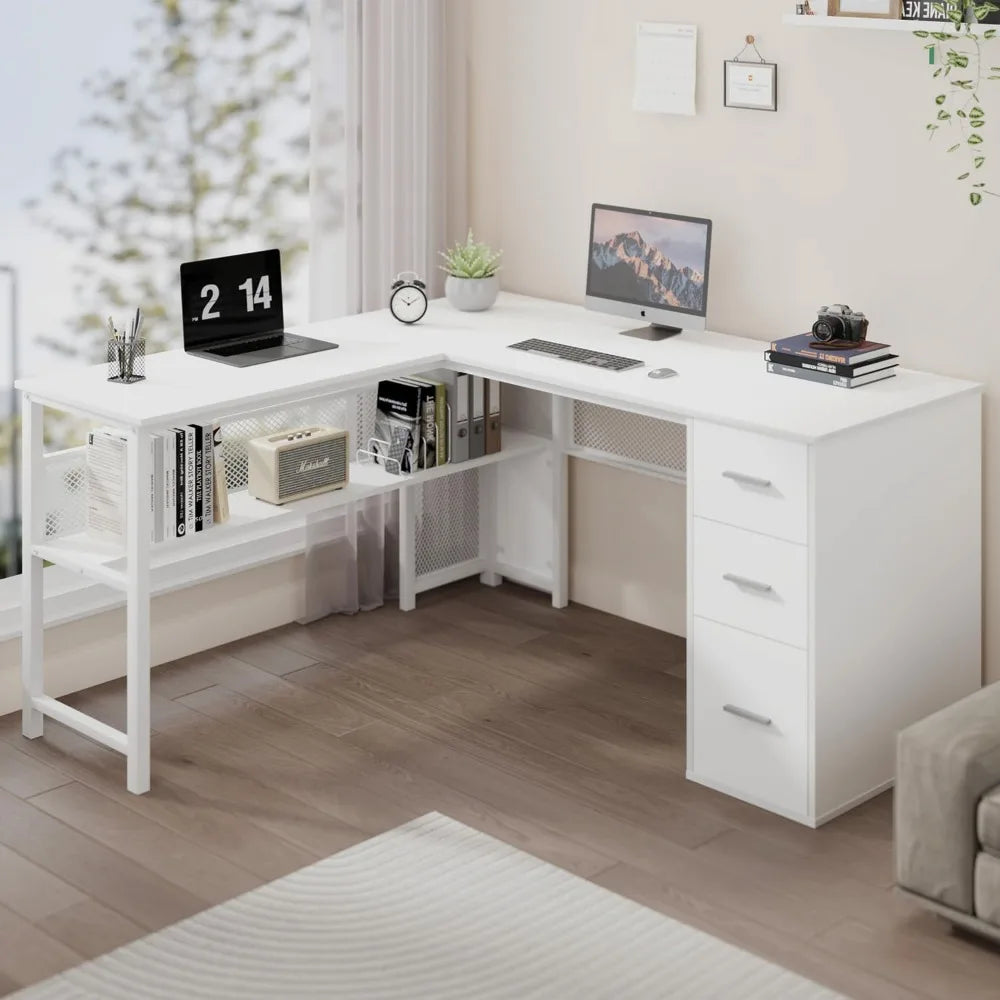 L Shaped Computer Desk With Storage Cabinet And Metal Frame