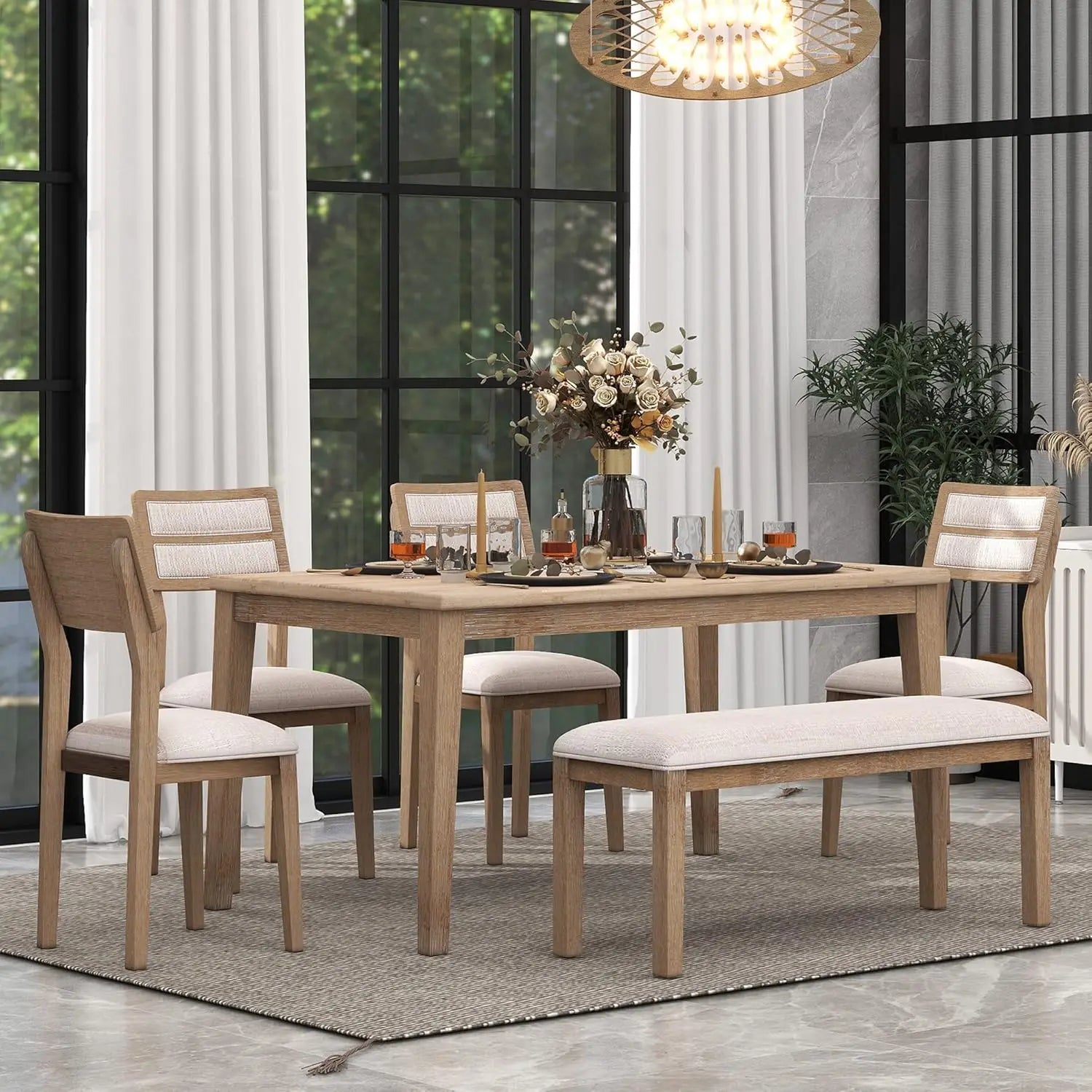 Solid Wood Kitchen Dining Room Table Set with Bench and Chairs for 6 Persons, Dining Table Set with with, Customized