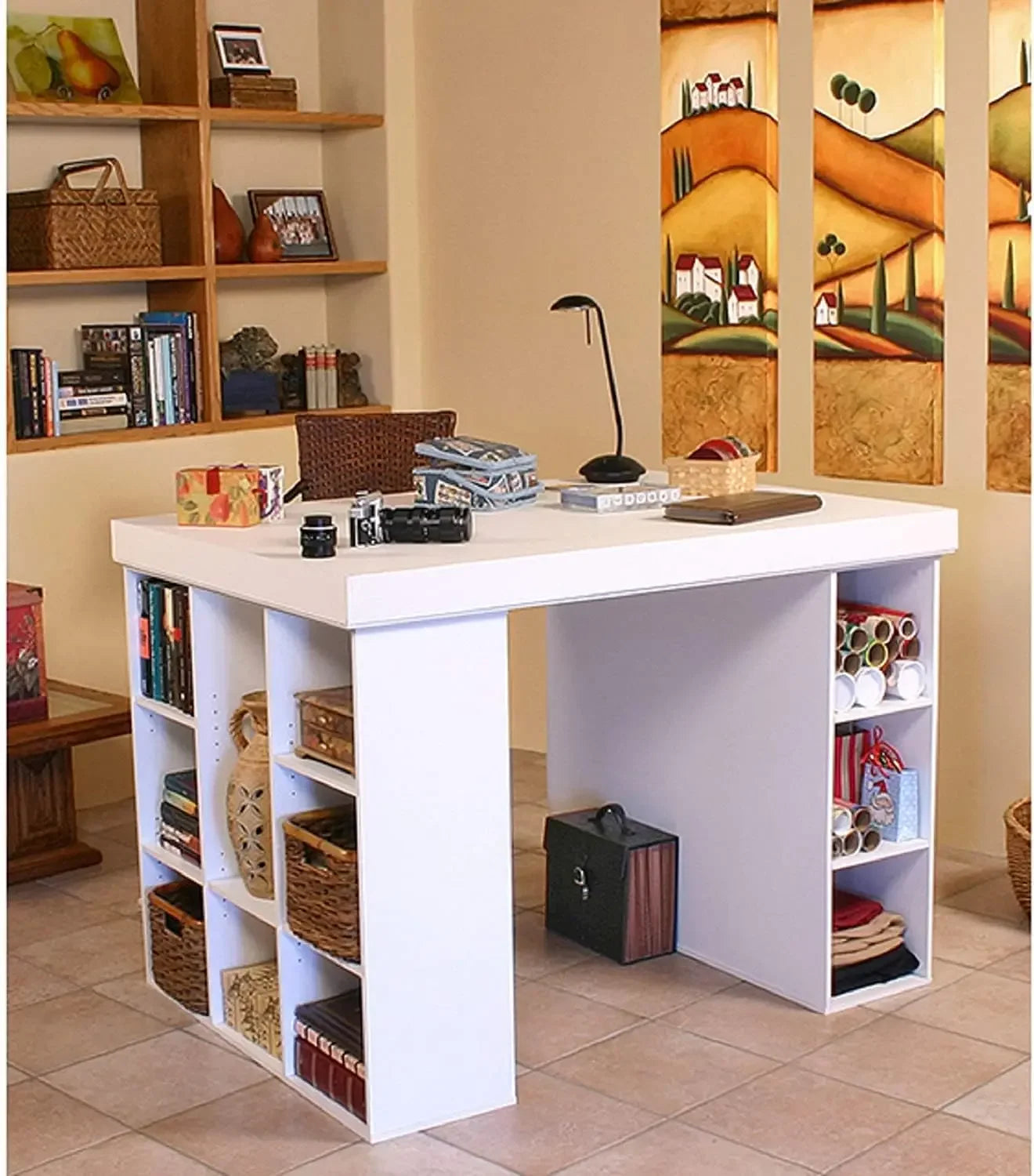 HOT SELLIG QUALITY Project Center Desk With Bookcase And 3 Bin Cabinet,Modern-White