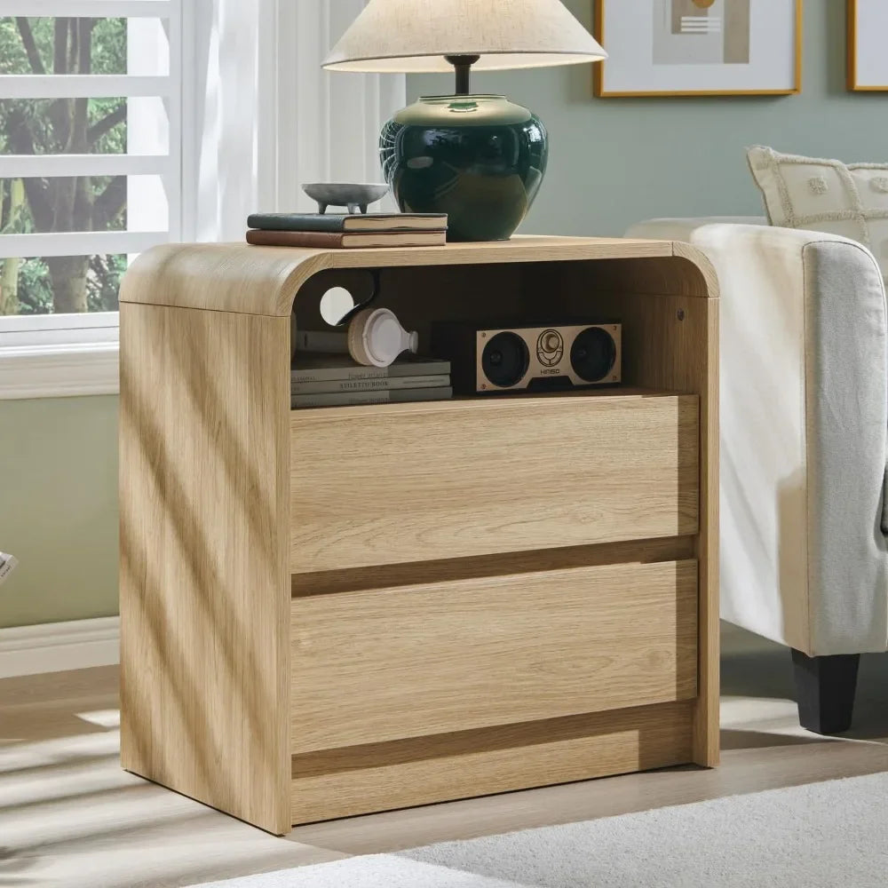 Modern Nightstand With Charging Station And Two Storage Drawers