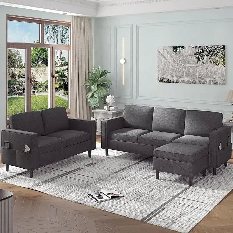 RPD4-Bus 78"W 3 piece living room couch set.3 seater sofa storage ottoman and loveseat furniture sets. modern L shaped section
