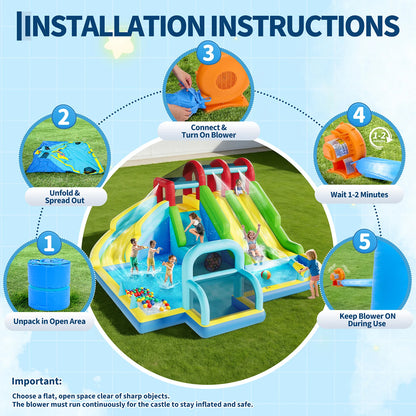 Indoor Outdoor Inflatable Bounce Castle w/3 Water Slides, Oxford Bounce Play Center for Kids Kindergarten Backyard Water  Sports