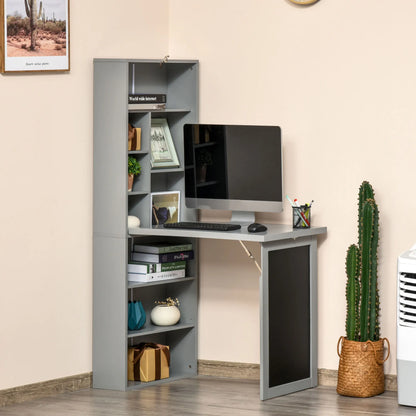 Homcom Fold-Out Convertible Office Desk, Wall Mount Computer Desk with Blackboard and Side Shelf, Charcoal Gray