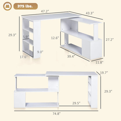 HOMCOM L Shaped Rotating Computer Desk with Storage Shelves