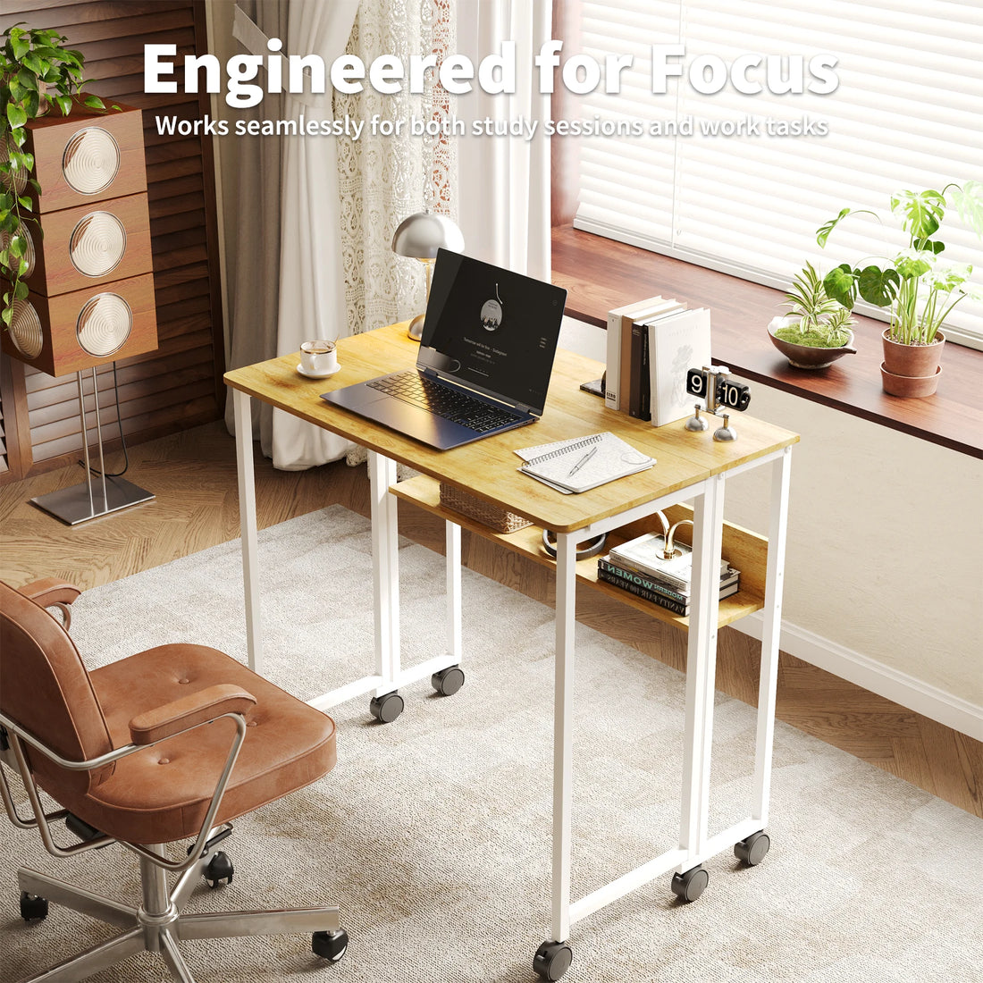 HOSSLLY Folding Computer Desk With Wheels And Storage Shelf