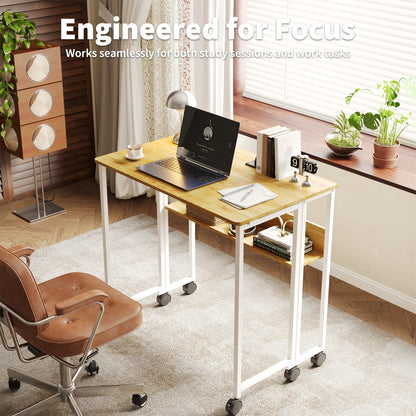 HOSSLLY Folding Computer Desk With Wheels And Storage Shelf