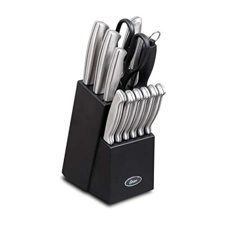 14 Piece Brushed Satin Stainless Steel Kitchen Knife Set with Swivel Block Holder and Knife Sharpener for Home Cooking