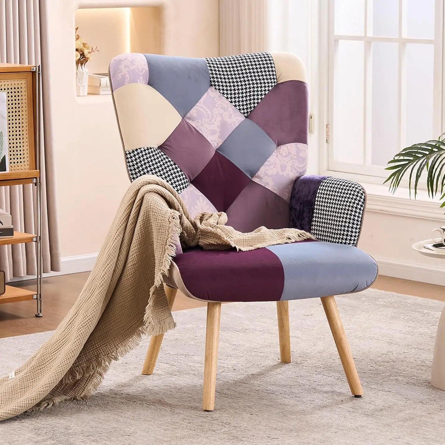 Living Room Accent Chair Modern High Back Arm Chair, Colorful Plaid Bohemian Style Chairs for Bedroom Waiting Room