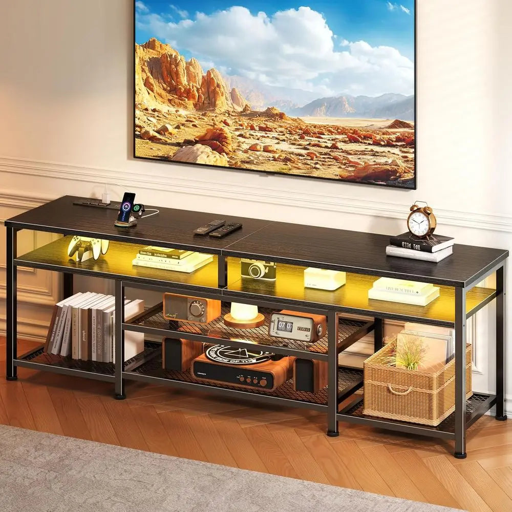 TV Stand with Power Outlets and LED Lights, 63 Inch Entertainment Center or 60 65 70 Inch TVs, Media ole Table with Open Shelves