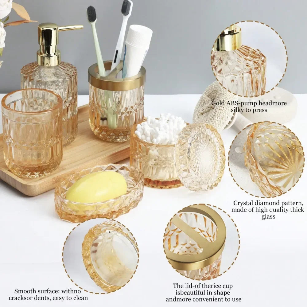 Bathroom Accessories OrganizerBathroom Accessories Set, 5 Pcs Glass Bathroom Accessories With Lotion Soap Dispenser, Soap Dish,