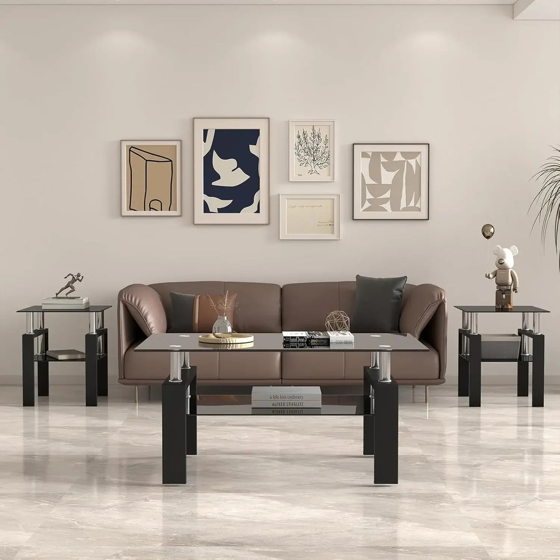 Limited timeBestsellerBlack Glass Coffee Table Set of 3 Piece, Living Room Tables Set of 3 Pcs, Including 1 Coffee Table and 2 E