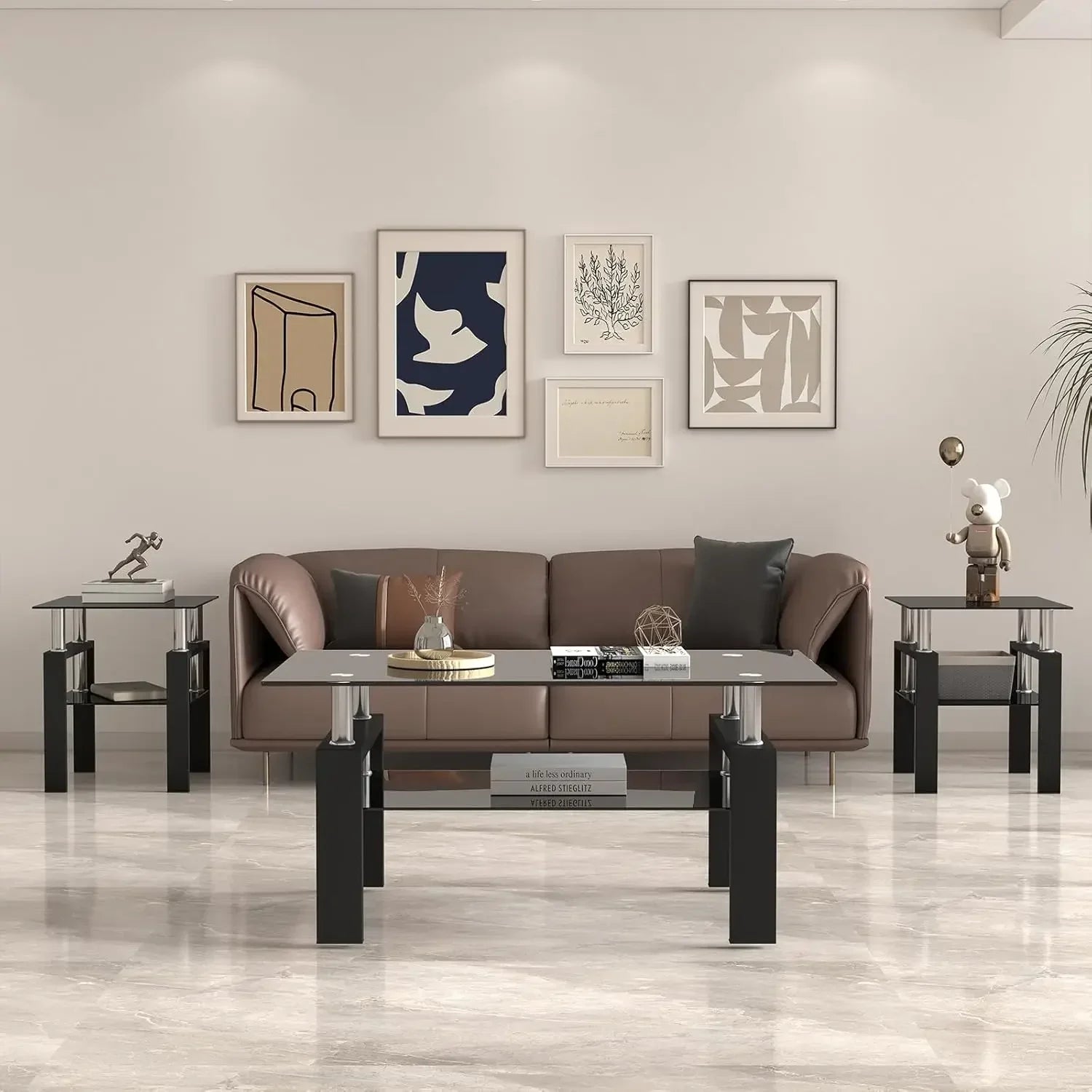 Limited timeBestsellerBlack Glass Coffee Table Set of 3 Piece, Living Room Tables Set of 3 Pcs, Including 1 Coffee Table and 2 E