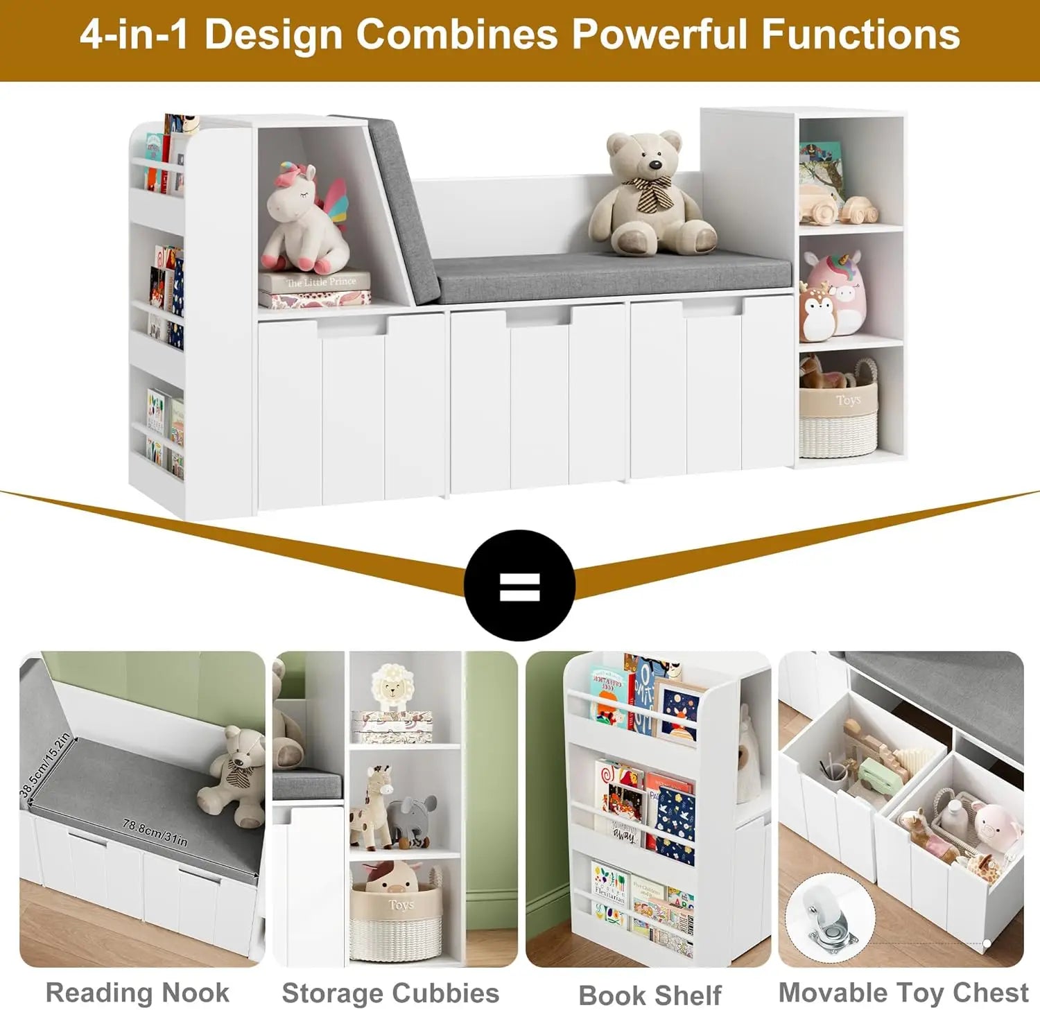 61.5 Kids Reading Nook with 3-Layer Bookshelf, Reading Nook for Kids with Double Bench and Rolling Drawers, Bookshelf and Toy St