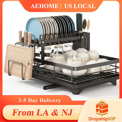 2-Tier Expandable Dish Drying Rack, Metal Kitchen Dish Rack and Drainboard Set with Knife Fork Holder &amp; Cutting Board Organizer for Countertop