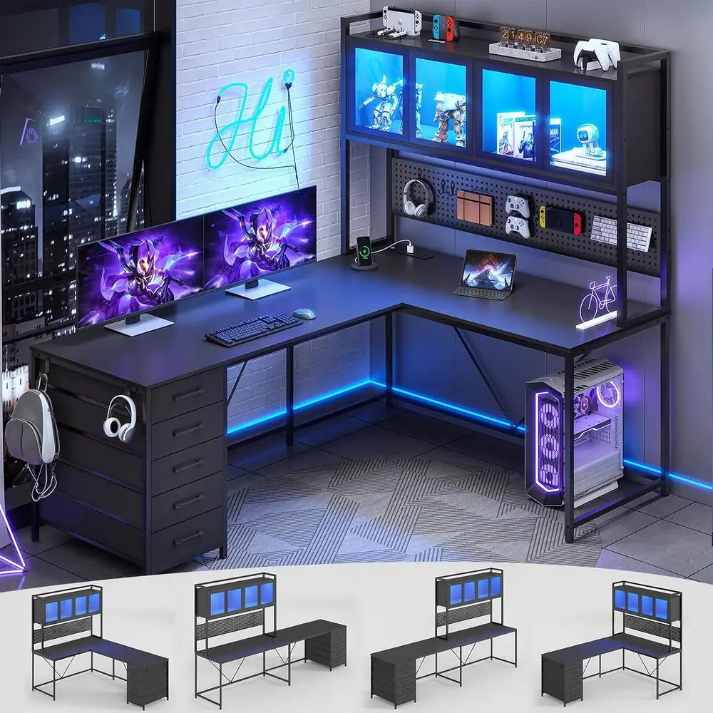 L Shaped Gaming Desk With Drawers Hutch Pegboard And Storage