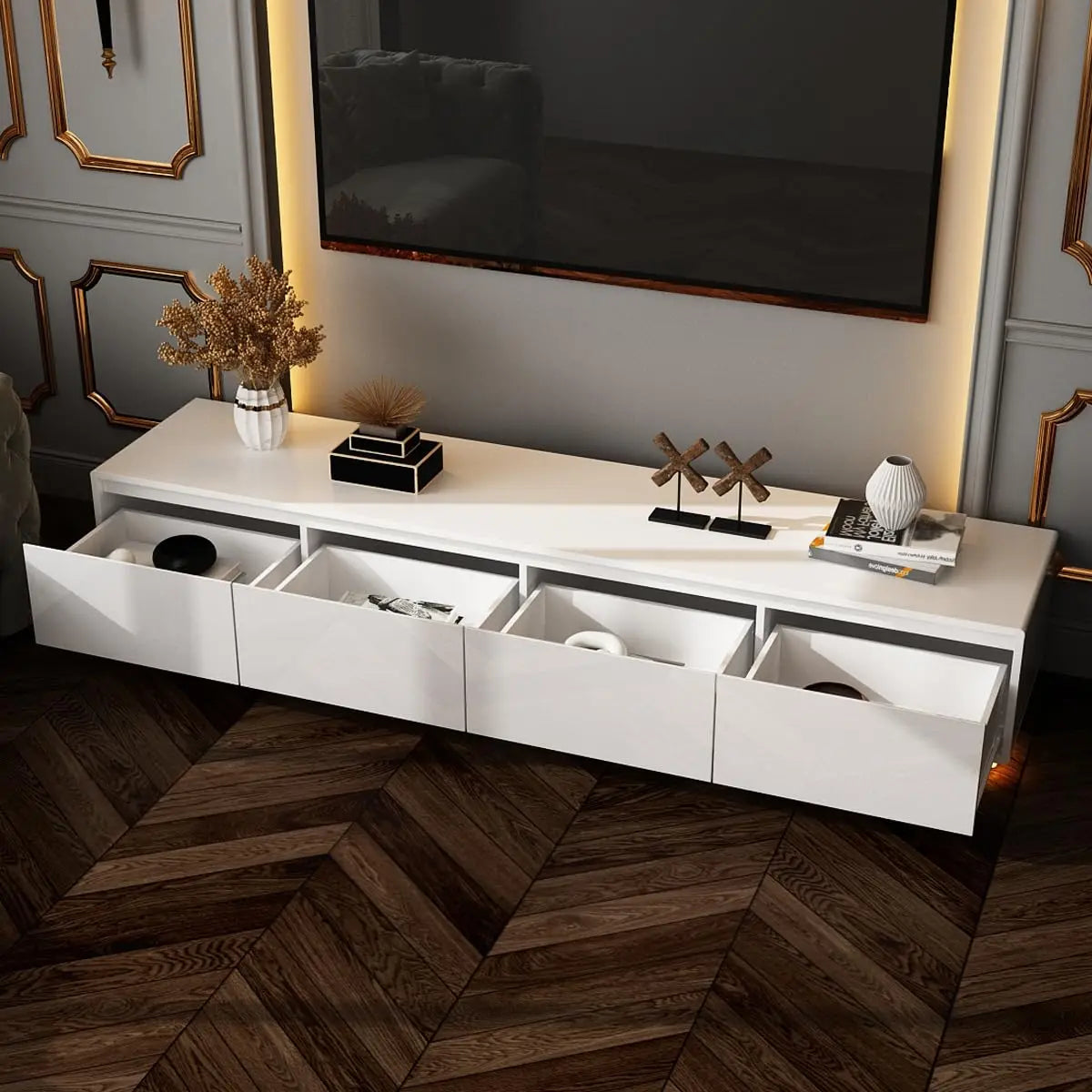 Modern High Gloss TV Stand With LED Lights And Drawers