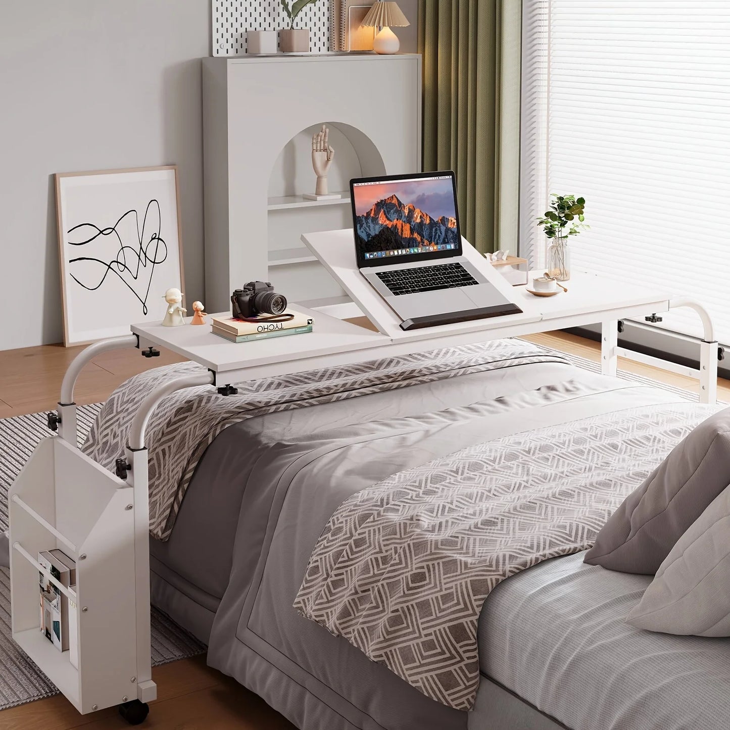 Adjustable Height Mobile Bed Desk With Wheels Overbed Table Laptop Cart