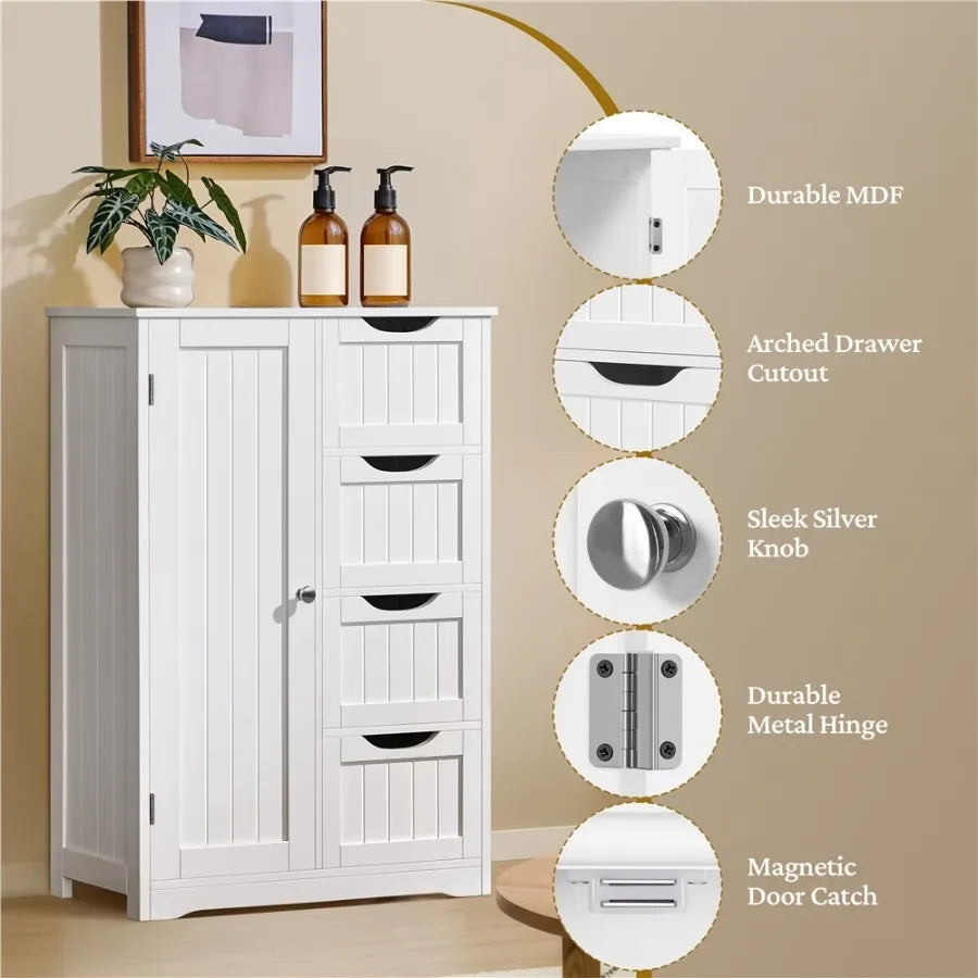 Easyfashion 4 Drawers &amp; Cupboard Bathroom Storage Organizer Cabinet White