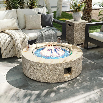 42-inch Outdoor Propane Gas Fire Pit Table 50000 BTU Concrete Round FirePit for Outside Patio with Propane Tank Cover, Wind Guad