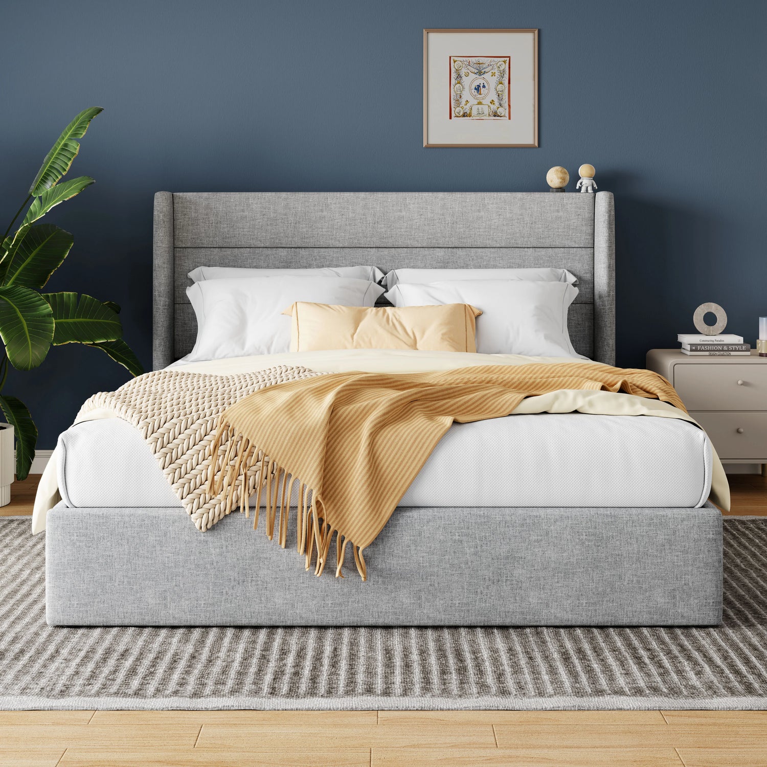 HOOMIC Lift Up Storage Bed With Wingback Headboard Hydraulic Lift
