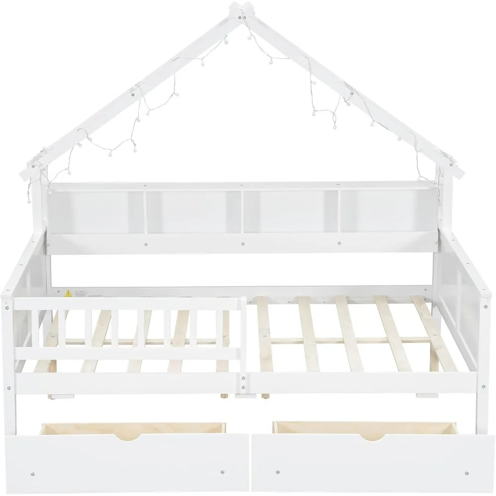 Full-Size House Platform Bed with LED Lights, Storage Shelves, Drawers, and Guardrail - Sturdy Pine Wood and MDF Frame