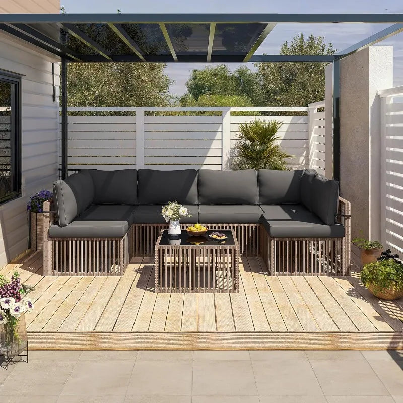 7-Piece Outdoor Sectional Sofa Set, All-Weather PE Rattan Patio Furniture with Washable Cushions Covers, Gray Cushions a