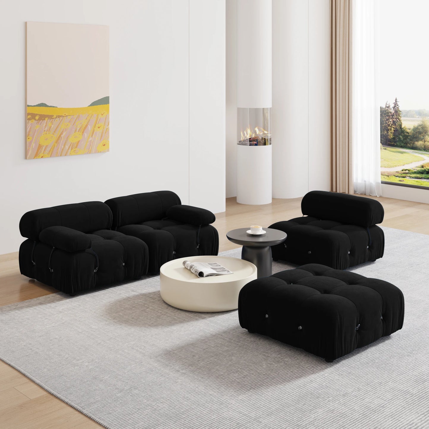 Minimalist Velvet Sectional Sofa with Modular Ottomans for Living Room