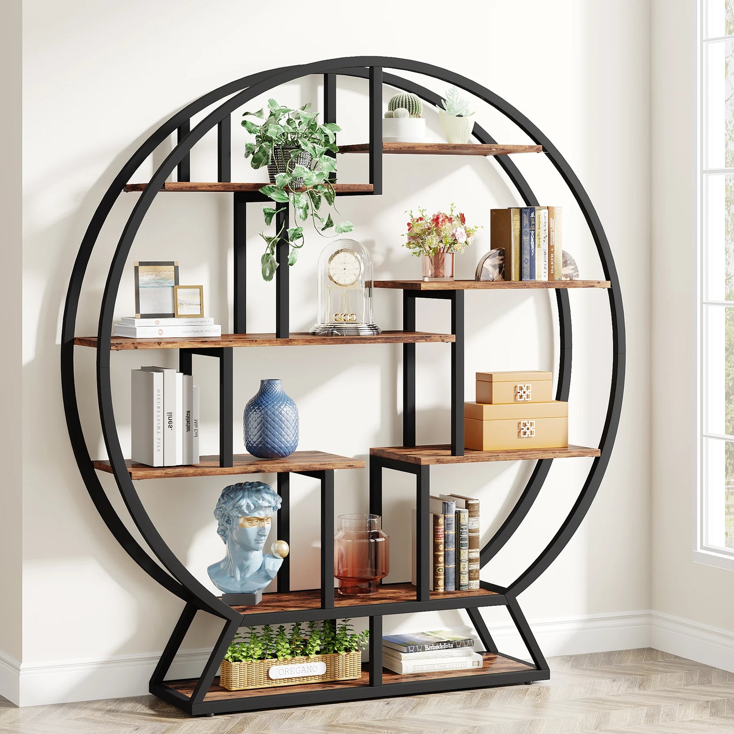 Tribesigns Round Etagere Bookshelf With Staggered Shelves Industrial Iron