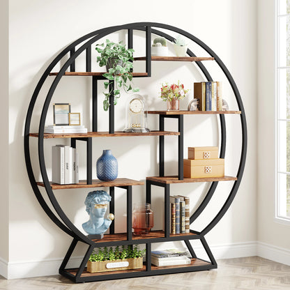 Tribesigns Round Etagere Bookshelf With Staggered Shelves Industrial Iron