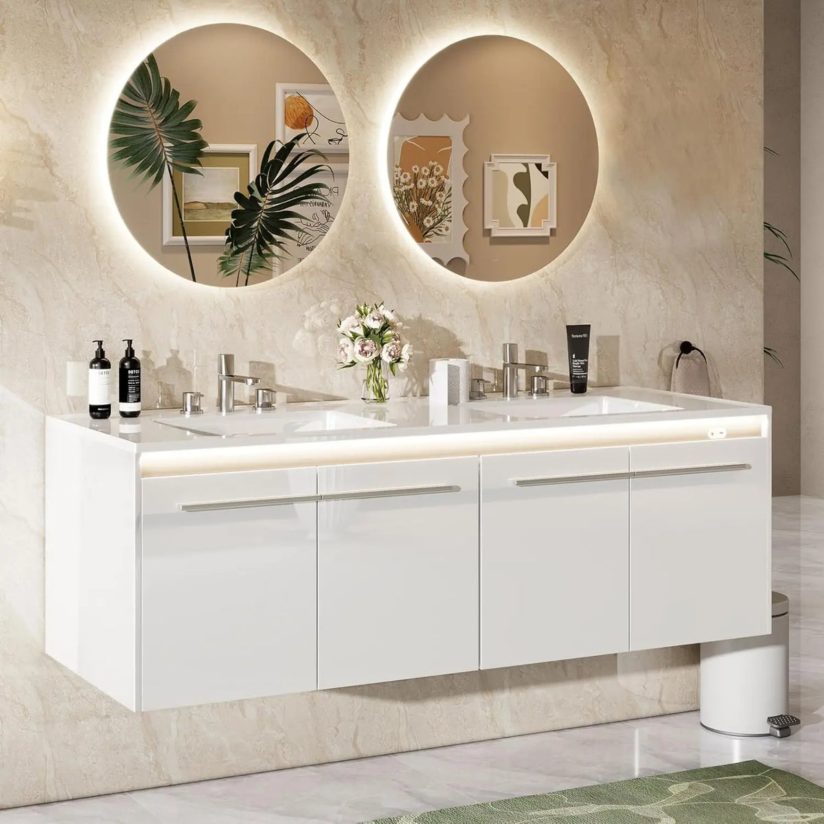 60" LED Floating Bathroom Double Vanity with Sink, Modern High Gloss Wall Mounted Bathroom Storage Cabinet with 3 Hole Sink