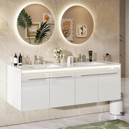 60" LED Floating Bathroom Double Vanity with Sink, Modern High Gloss Wall Mounted Bathroom Storage Cabinet with 3 Hole Sink