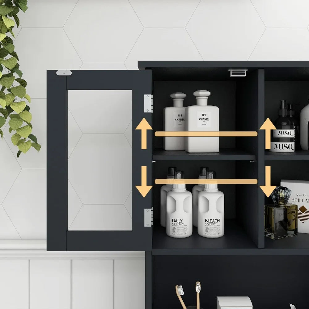 Tall Tilt Out Laundry Hamper Cabinet with 2 Removable Baskets, Hidden Storage & Glass Doors for Bathroom, Black