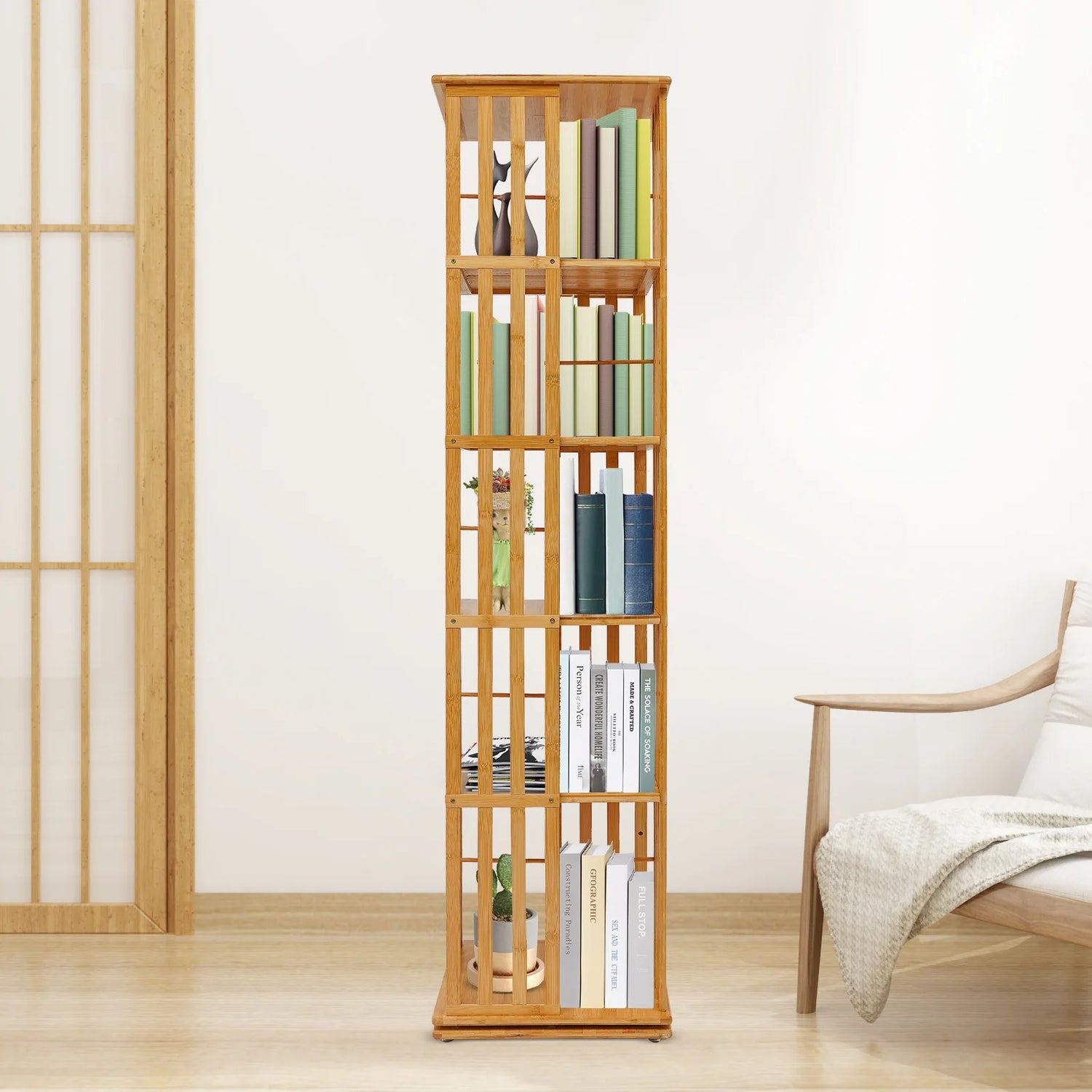 5-Tier Bamboo Rotating Bookcase,Tan/Wood Color Rectangular Rotating Bookshelf Floor-Mounted 37*37*150cm for Study Rooms,Bedrooms