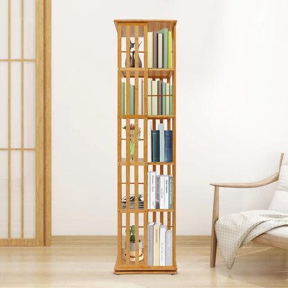 5-Tier Bamboo Rotating Bookcase,Tan/Wood Color Rectangular Rotating Bookshelf Floor-Mounted 37*37*150cm for Study Rooms,Bedrooms