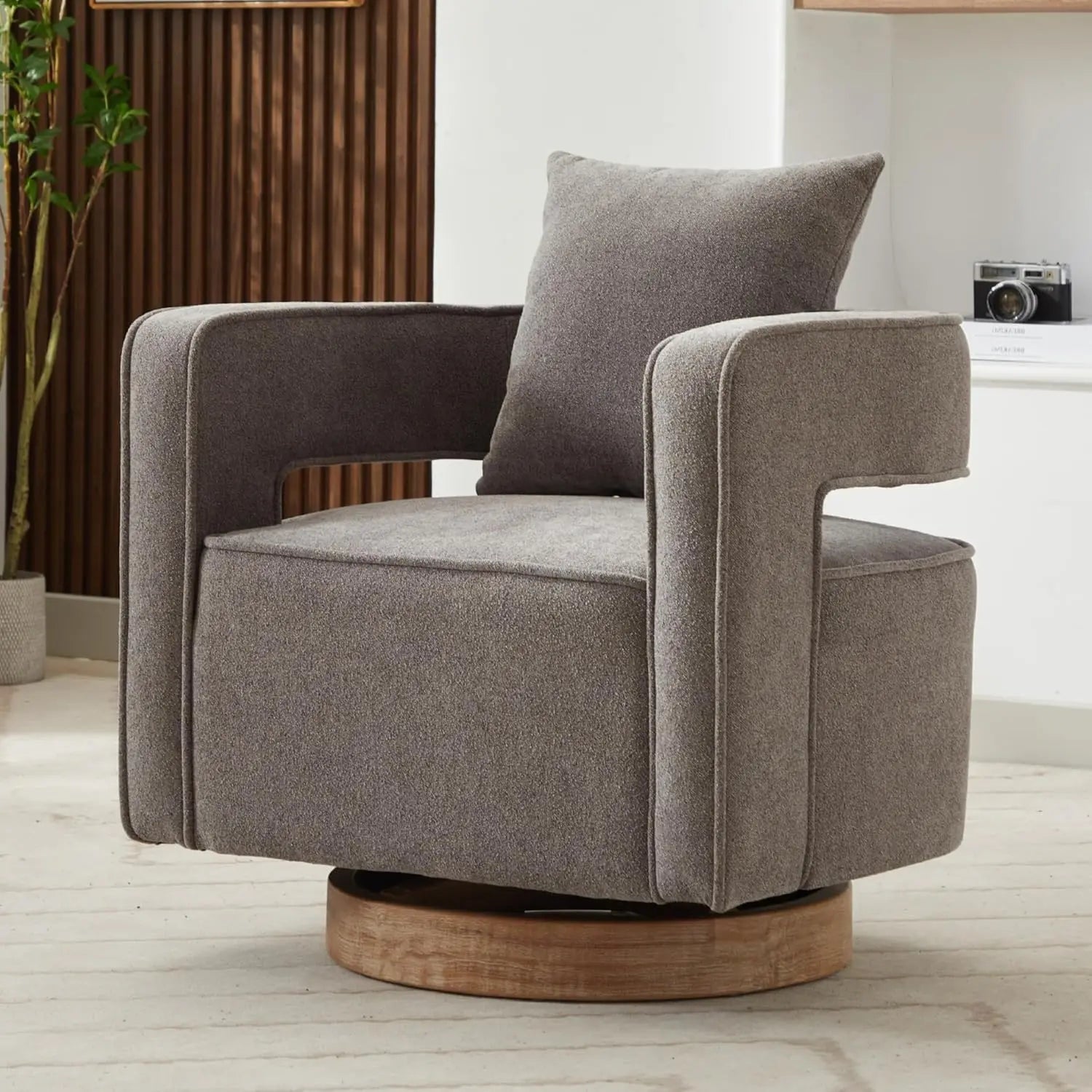 Upholstered Swivel Accent Chair Set of 2 Linen Open Back Barrel Chair with Pillow for Living Room, Beige