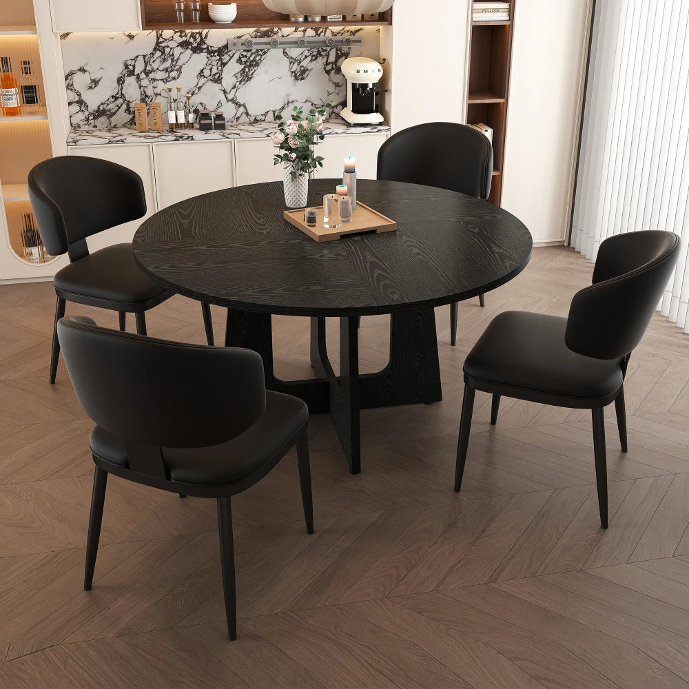 5 Piece Round Dining Table Set for 4, 47 Inch Farmhouse Kitchen Table with 4 Chairs, Black Wood Grain Finish, PU Leather Seats, Easy Assembly