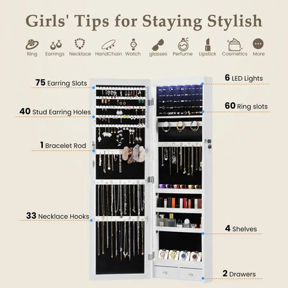 DUMOS 6 LEDs Mirror Jewelry Cabinet, Wall or Door Mounted Jewelry Organizer, 47.2Inch Tall Lockable Large Capacity Cosmetic Sto