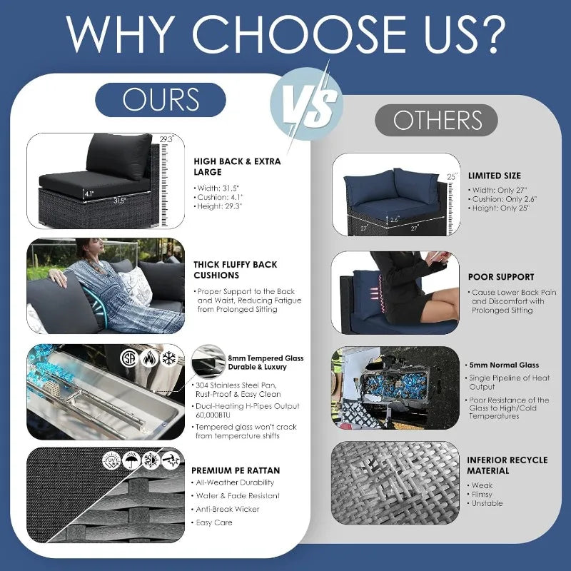 Extra Large Rattan Patio Furniture Set with Gas/Propane Fire Pit Table, 29.3'' High Back Comfy Outdoor Sofa Conversatio