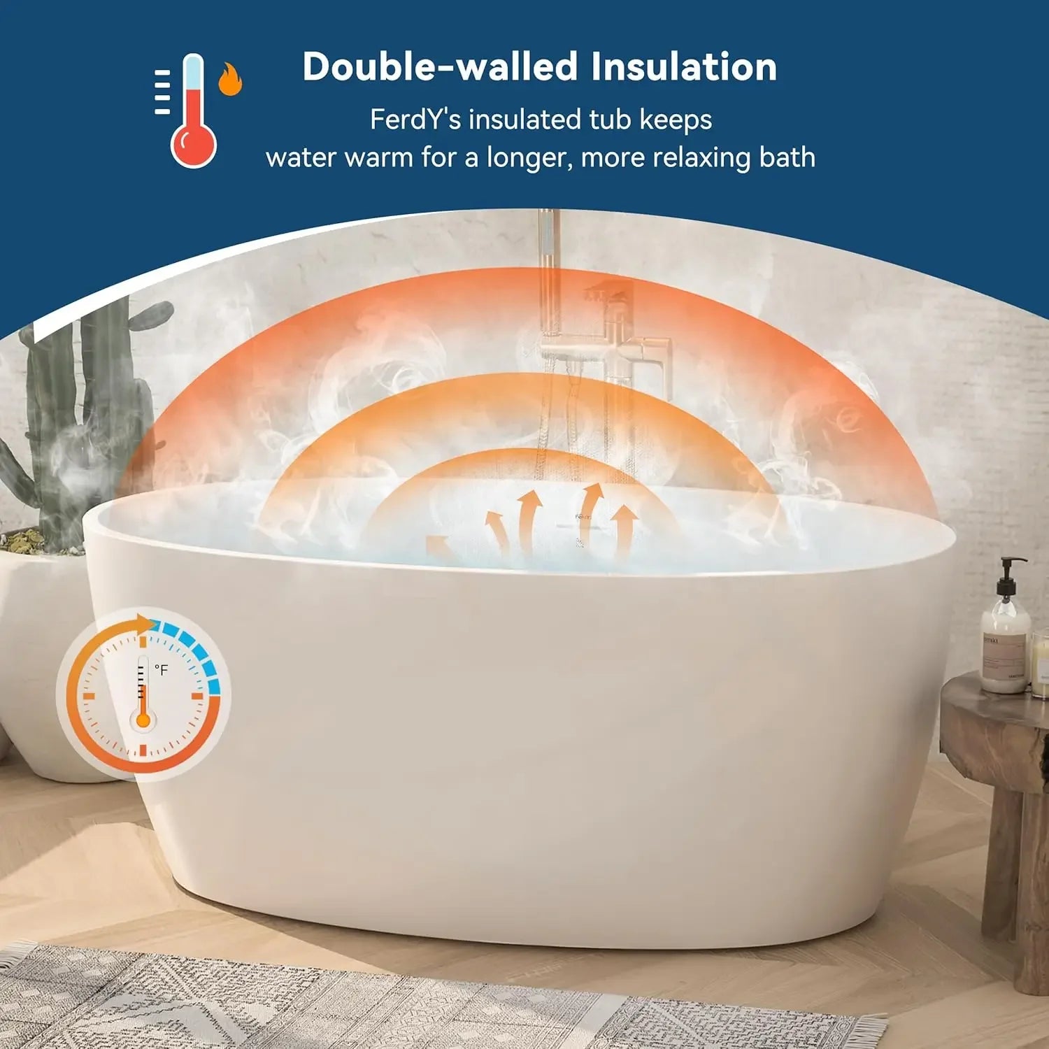 Tahiti 55" Acrylic Freestanding Bathtub, Elegant Oval Shape Soaking Bathtub, Glossy White, Brushed Nickel Drain &amp; Integrated Slo