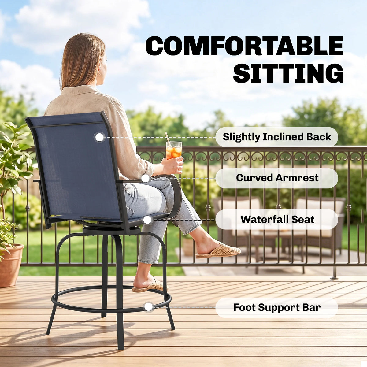 Outsunny Outdoor Bar Stools Set of 2 W/ Armrests, Bar Height Chairs, Blue