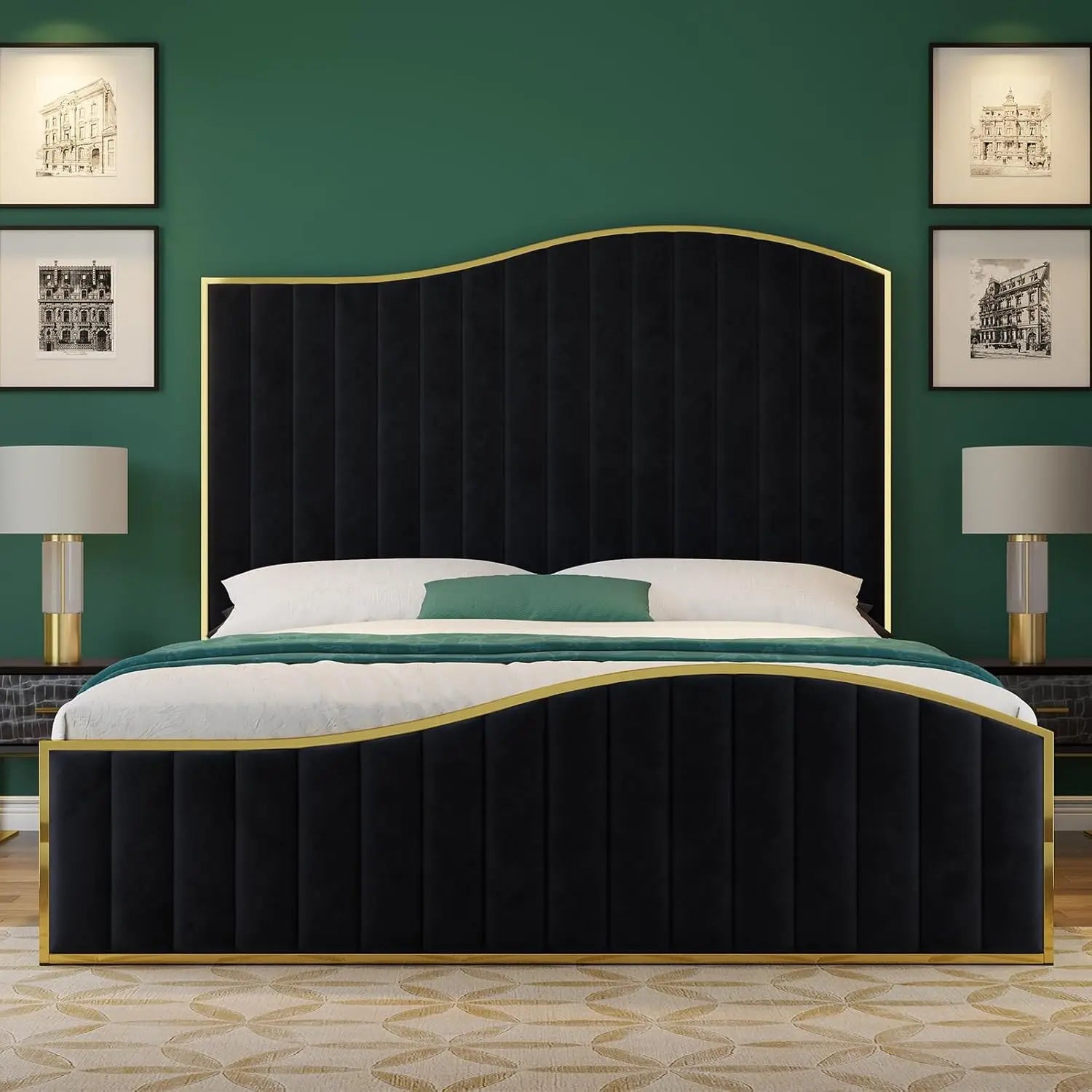 Queen Upholstered Platform Bed Tall 61.4" Headboard Gold Trim Wood Slats No Box Spring Cream, Customized