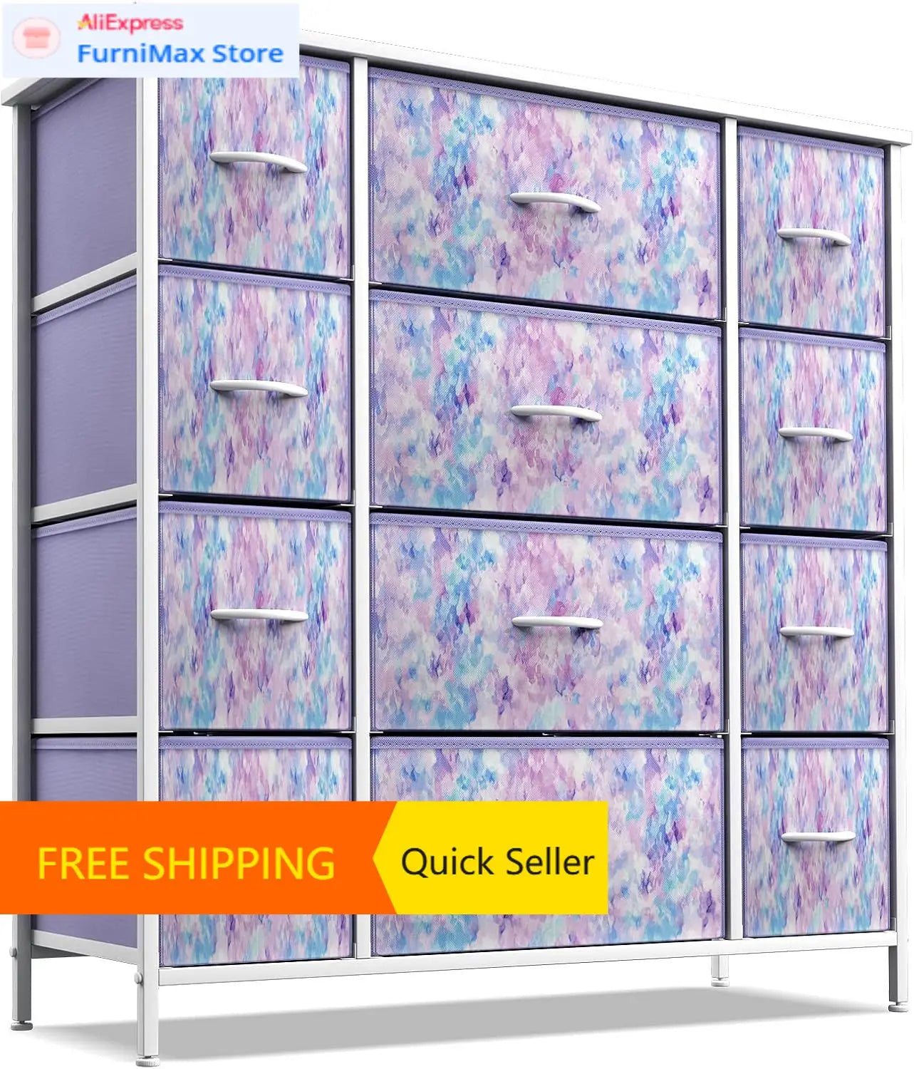 Kids Dresser with 12 Drawers - Chest Organizer Unit with Steel Frame Wood Top &amp; Handle, Fabric Bins for Clothes - Large Furnitur
