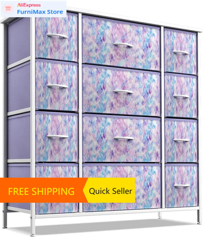 Kids Dresser with 12 Drawers - Chest Organizer Unit with Steel Frame Wood Top &amp; Handle, Fabric Bins for Clothes - Large Furnitur