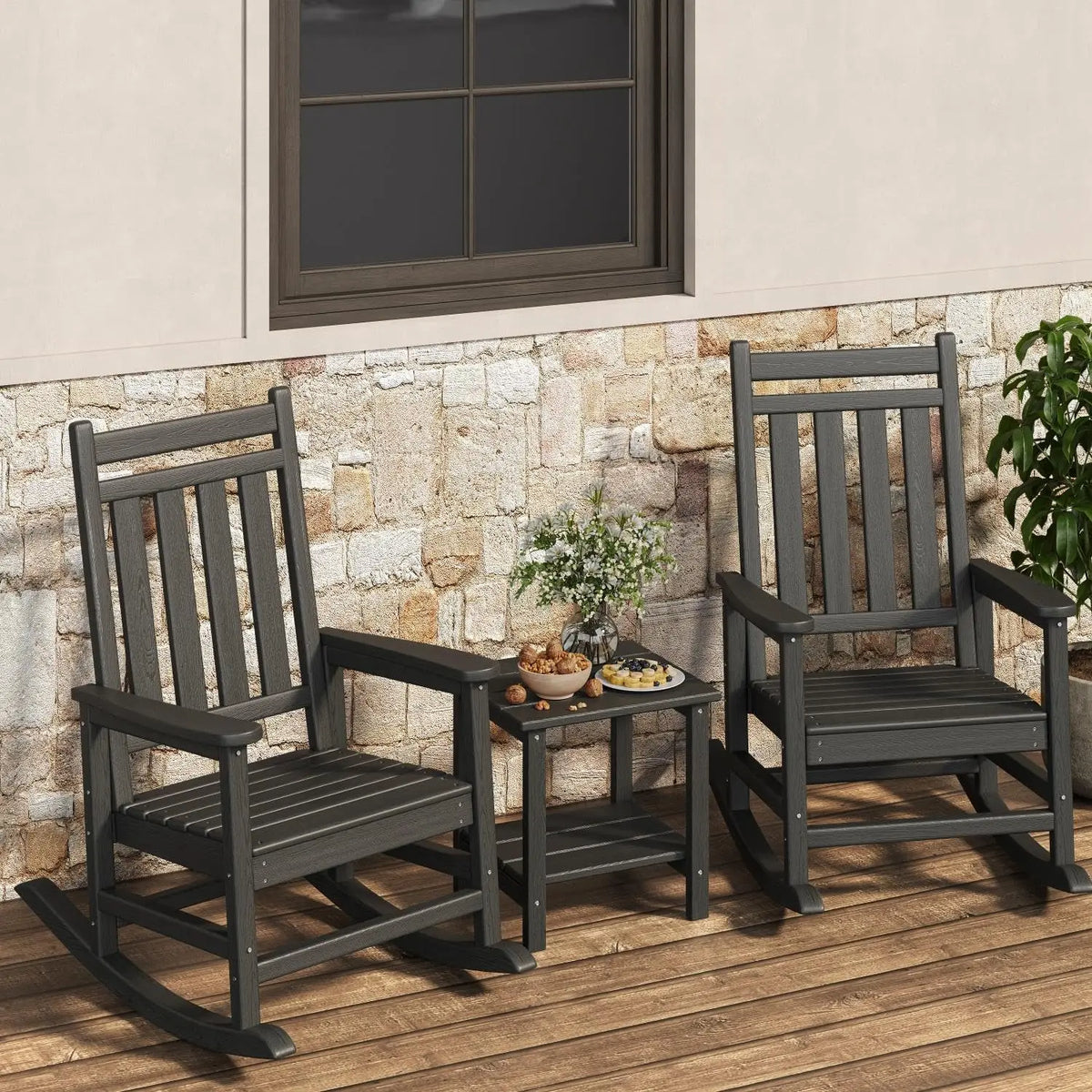 Outdoor Rocking Chairs Set of 2 with Side Table – HDPE High Back Patio Rocker, All-Weather Porch &amp; Garden Furniture