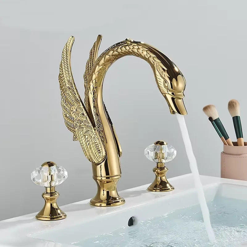 Senlesen Golden Bathroom Basin Faucet Brass Double Handle Hot Cold Sink Mixer Tap Swan Shape Basin Faucet Bathtub Mixers Crane