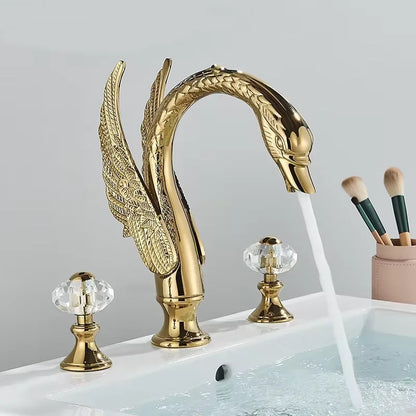 Senlesen Golden Bathroom Basin Faucet Brass Double Handle Hot Cold Sink Mixer Tap Swan Shape Basin Faucet Bathtub Mixers Crane