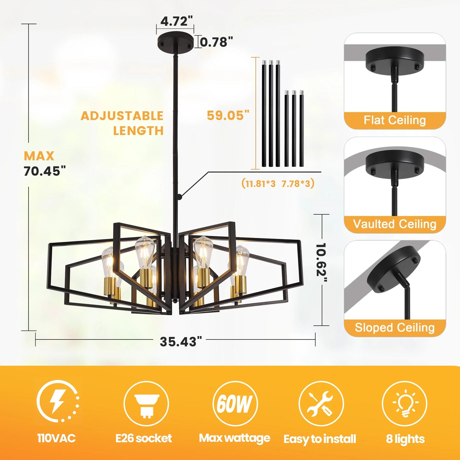 Modern 8-Light Geometric Chandelier Adjustable Height Metal Pendant Light with Black Frame &amp; Golden Accents Ceiling Light Decor