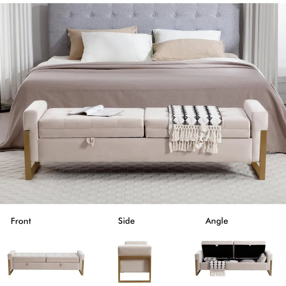 67" Storage Bench for Bedroom End of Bed, Velvet King Size Bed Bench with Double Lids and Gold Legs, Storage Ottoman Bench with