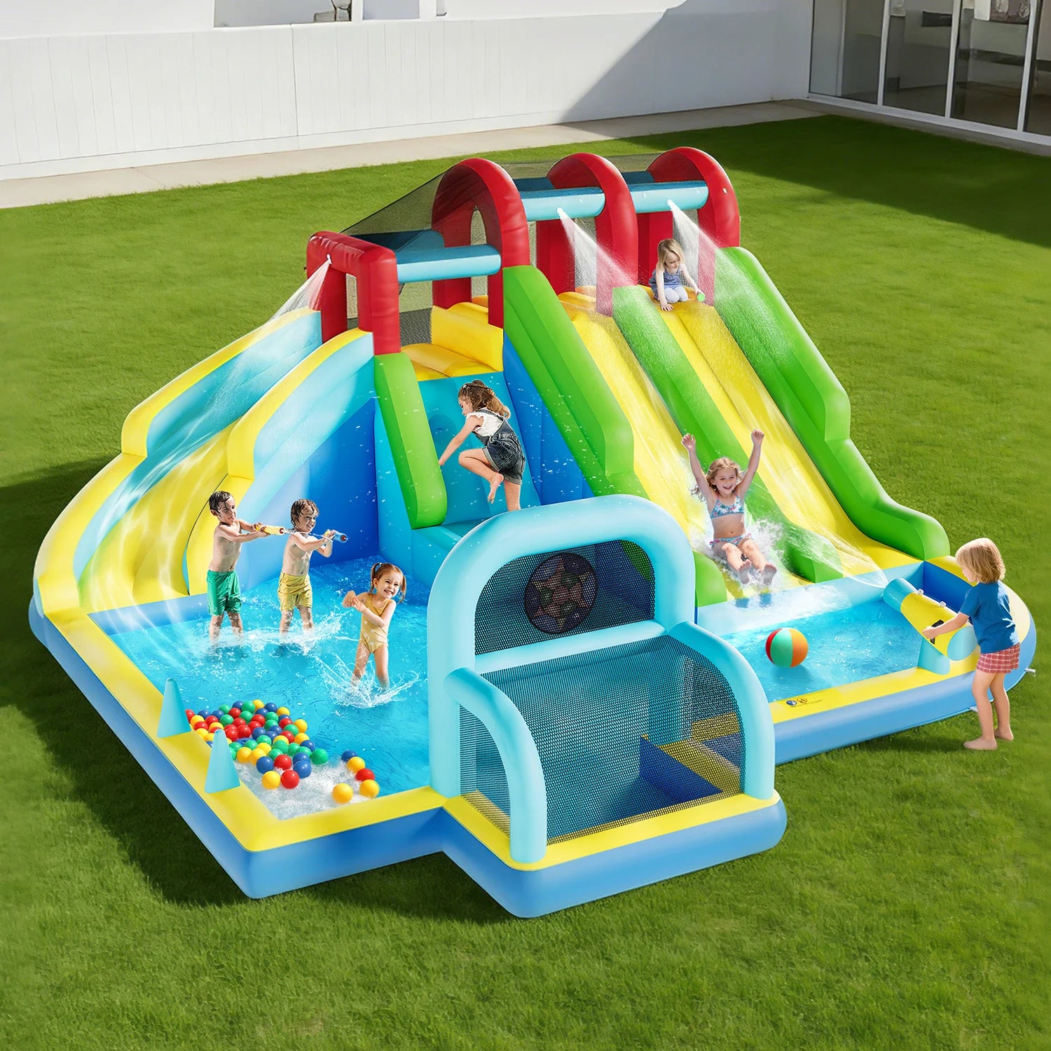 Indoor Outdoor Inflatable Bounce Castle w/3 Water Slides, Oxford Bounce Play Center for Kids Kindergarten Backyard Water  Sports